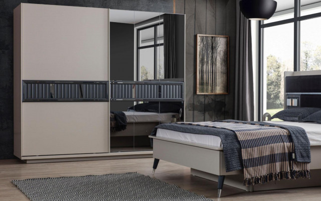  Moderner Beiger Schlafzimmer Kleiderschrank Spiegelschrank Holz Möbel