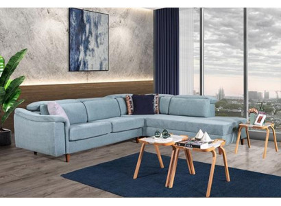  Blaues Ecksofa L-Form Wohnzimmer Polster Couchen Designer Holzgestell