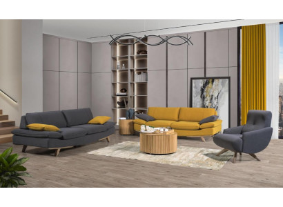  Grau-Gelbe Wohnzimmer Sitzmöbel Luxus 2x 3-Sitzer Couchen Einsitzer 3tlg