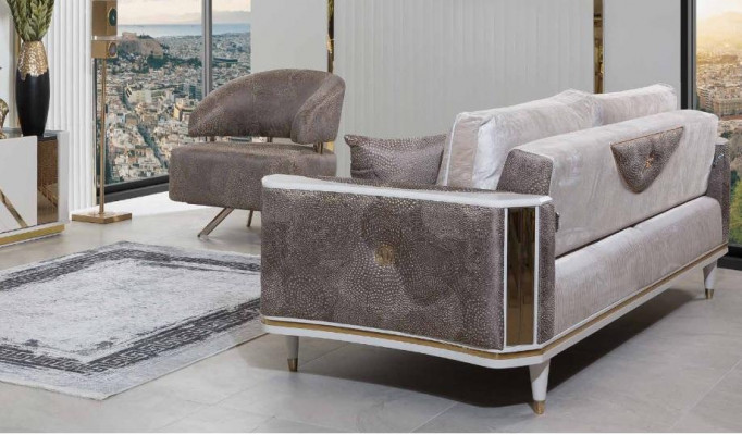 Moderne Wohnzimmer Garnitur Designer Beiger Dreisitzer Sessel Couchtisch