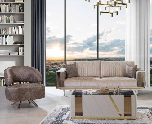 Moderne Wohnzimmer Garnitur Designer Beiger Dreisitzer Sessel Couchtisch