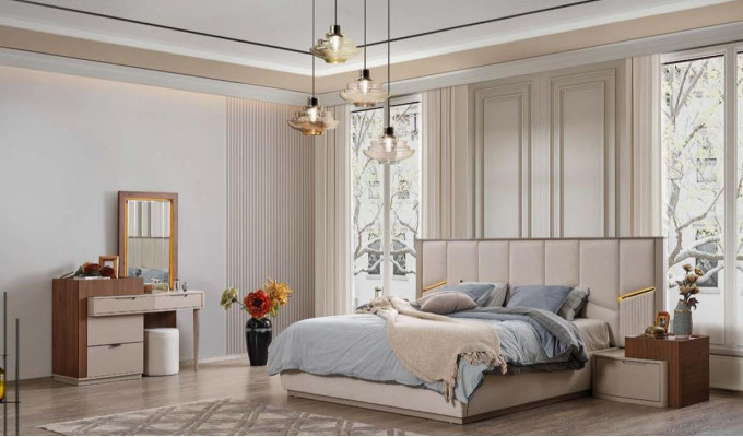Beige Schlafzimmer Garnitur Luxuriöse Polsterbetten Nachttische Schrank