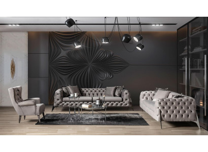 Hellgraue Wohnzimmer Chesterfield Sofagarnitur 4+3 Sessel Luxus Sessel