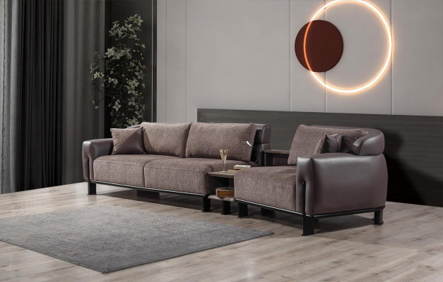 Braune Wohnzimmer Leder Garnitur 3-Sitzer Sofa Sessel Couchtisch 4tlg