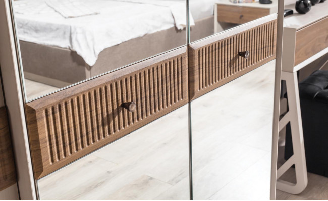 Beiges Schlafzimmer-Set Designer Doppelbett Schminktisch Kommode 7tlg