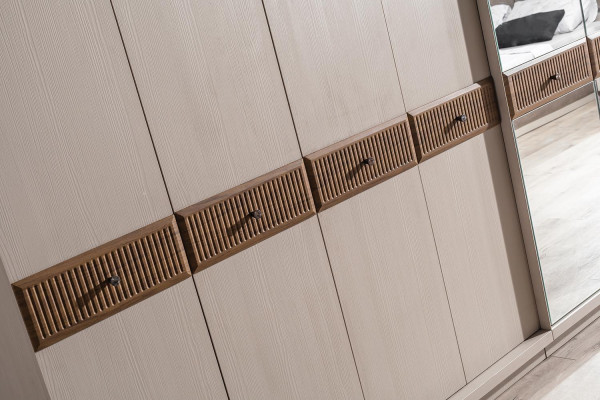 Beiges Schlafzimmer-Set Designer Doppelbett Schminktisch Kommode 7tlg