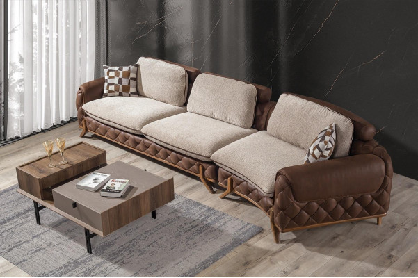 Braunes Wohnzimmer Set Designer Leder Viersitzer Sofa Couchtisch 2tlg