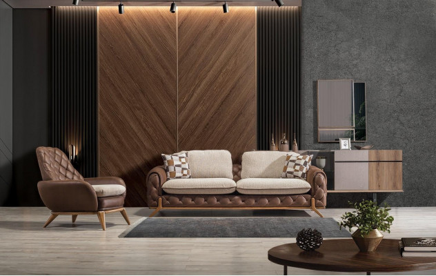Stilvolle Braune Leder Wohnzimmer Garnitur Designer 3-Sitzer Sessel 2tlg