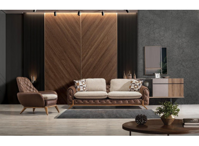 Stilvolle Braune Leder Wohnzimmer Garnitur Designer 3-Sitzer Sessel 2tlg