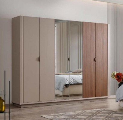 Beiger Kleiderschrank Schlafzimmer Schränke Glastüren 6-türiger Schrank