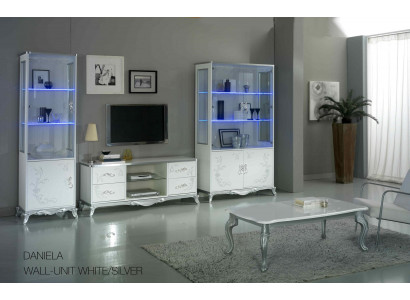 Wohnwand Wohnzimmer-Set Vitrine Lowboard Wandregal TV Tisch Weiß-Silber 3 tlgs.