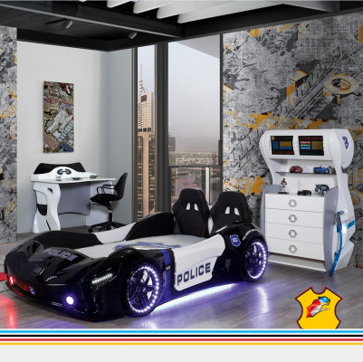 Polizei Auto Kinder Schlafzimmer Kinderbett Kommode Schreibtisch 3tlg