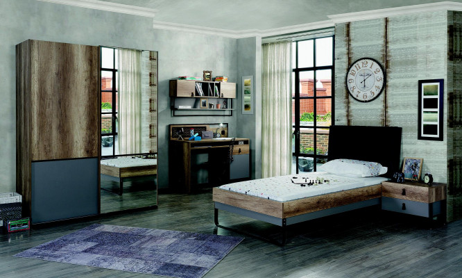 Modernes Jugendzimmer Set Bett Nachttisch Tisch Schlafzimmer Wandregal 6tlg. 