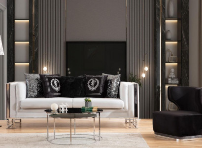 Weiß-Schwarze Couchgarnitur Wohnzimmer Sofas Dreisitzer Polster Sessel