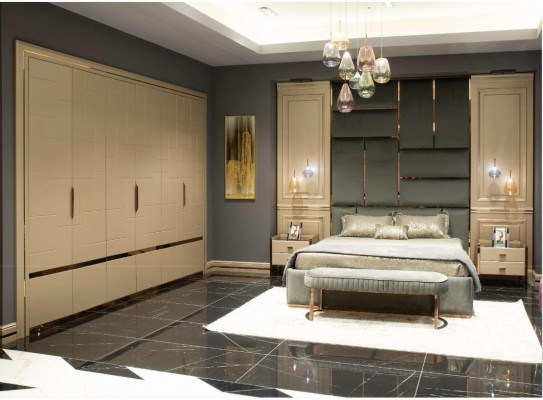 Komplette Schlafzimmermöbel Doppelbett Bett Beige Modern Set 5tlg Holz