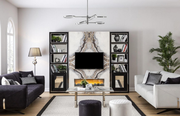 Luxus Wohnwand Wohnzimmer tv Schrank Wände Marmor Imitat Schwarz 270cm