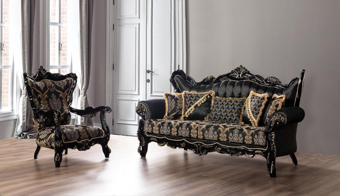 2tlg.Sofagarnitur für das Wohnzimmer 3+1 Sitzeschwarzes Sofa und Sessel Goldmuster