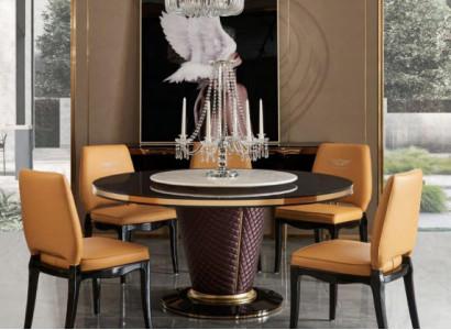 Luxus Designer Esszimmer mit Runden Esstisch & 6 x Lehn Stühle Metall