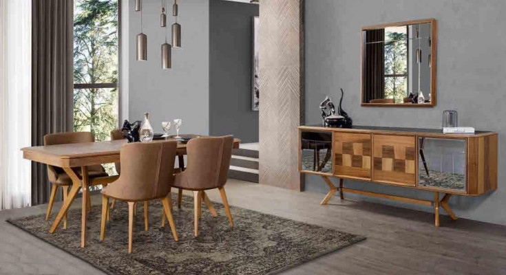 Designer Holz Ess Esszimmer Set Tisch 4x Lehn Stühle Set Garnitur Polster 5tlg