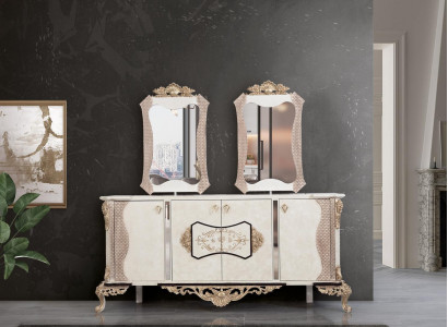 Anrichte mit Spiegel Garnitur Ess Barock Kommoden Holz Kommode Holz Schrank Neu