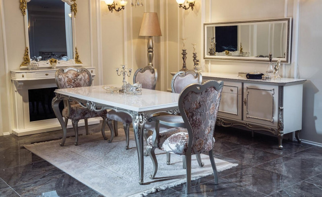 Sideboard Weiß Silber Anrichte Konsolen Kommode Italienischer Stil 2tlg. Spiegel