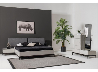 Modernes schwarz-weißes Schlafzimmer-Set (Bett, zwei Nachttische, Kommode mit Spiegel)