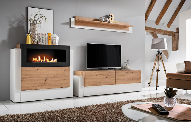 Designer Weiß Wohnwand Luxus Kommode mit Kamin Einrichtung Wohnzimmermöbel