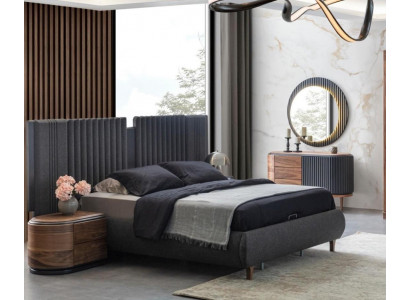 Moderne Graue Schlafzimmer Garnitur Textilbett Holz Nachttische Kommode