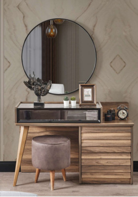 Brauner Holz Schminktisch mit Rundspiegel Designer Schlafzimmer 2tlg Set Konsole