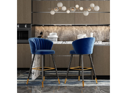 Blauer Barhocker Designer Möbel Edelstahl Polster 1-Sitzer Holzfüße