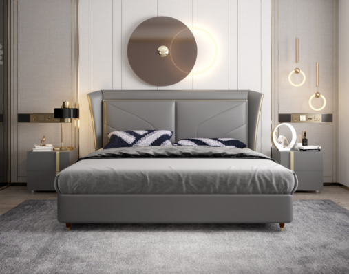 Graues Schlafzimmer Doppelbett Designer Betten Holzgestell Lederbetten