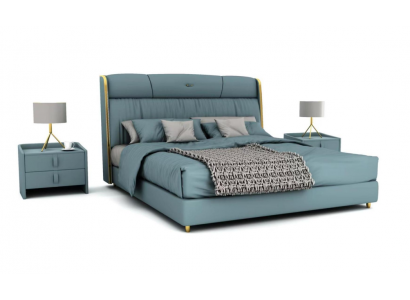 Blaues Schlafzimmer Doppelbett Designer Möbel LED-Bett Holz Textilbetten