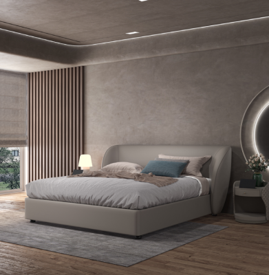 Graues Designer Schlafzimmer Doppelbett Textilbetten Holz Lederbetten