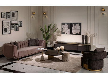 Wohnzimmer Garnitur Sofa Sessel Braun Stoff Couchtische Set 5tlg RTV