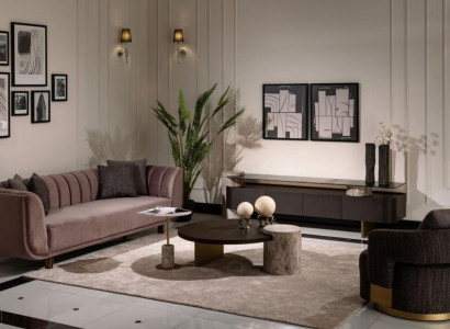 Wohnzimmer Garnitur Sofa Sessel Braun Stoff Couchtische Set 5tlg RTV