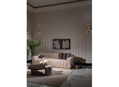 Garnitur Wohnzimmer Dreisitzer Couchtische 4tlg Stoffsofa Beige Holz
