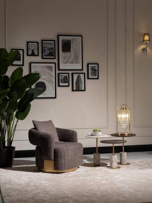 Komplette Wohnzimmer Sessel Beistelltische 4tlg Stoff Grau Holz Modern