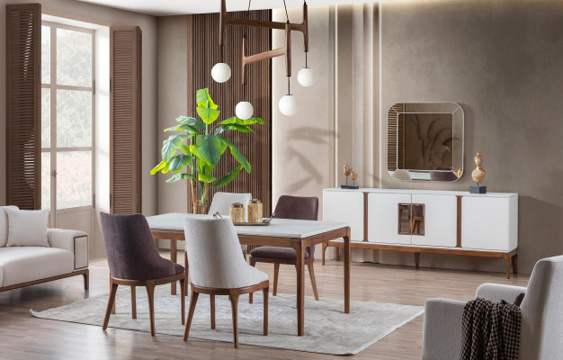 Luxus Esszimmer Set Esstisch 4x Stühle Anrichte Spiegel 7 tlg Modern