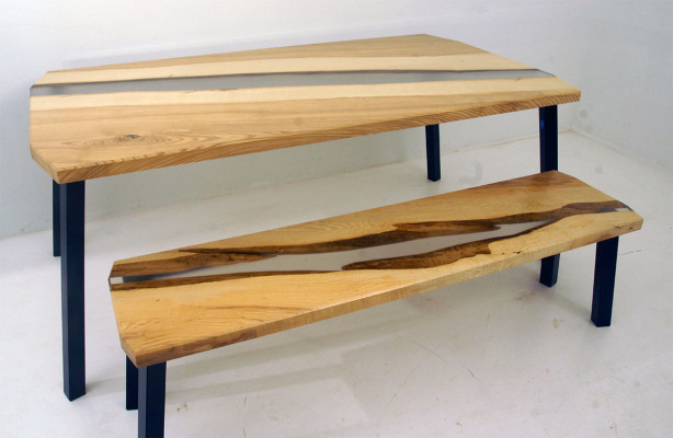 Epoxidharz Tisch Bank 2tlg. Set Echtes Holz Wasserfall Fluss Tische Gruppe Neu