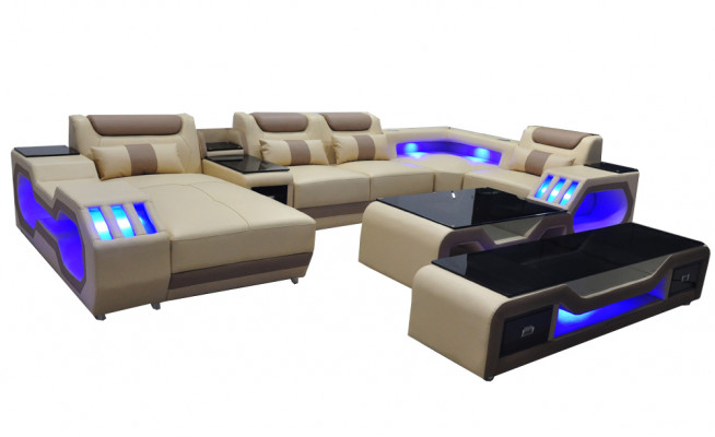 Leder Sofas Eck Garnitur Design Sofa Wohnlandschaft + Couch Tisch + RTV G8046