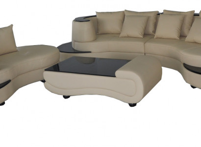 Luxus Wohn Eck Leder Garnitur Landschaft Polster XXL Big Sofa U Form + Chaise + Tisch