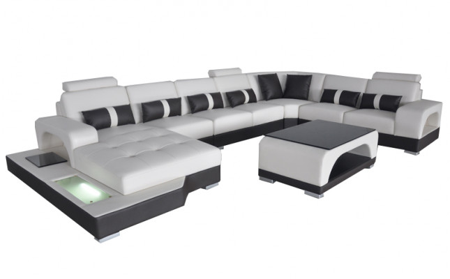 Leder Sofa mit USB Moderne Sitz Couch Polster Eck Couchen Wohnlandschaft + Tisch