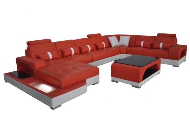 Leder Sofa mit USB Moderne Sitz Couch Polster Eck Couchen Wohnlandschaft + Tisch