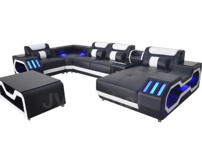 Leder Sofa Couch Polster Eck Garnitur Moderne Wohnlandschaft Tisch + USB + LED