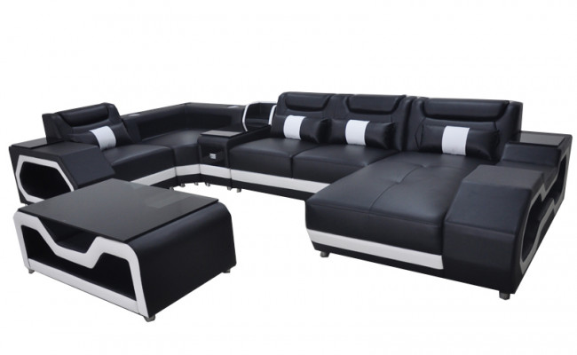 Leder Sofa Couch Polster Eck Garnitur Moderne Wohnlandschaft Tisch + USB + LED