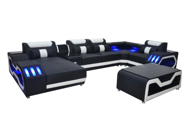 Leder Sofa Couch Polster Eck Garnitur Moderne Wohnlandschaft Tisch + USB + LED