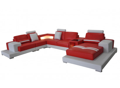 Ledersofa Couch Wohnlandschaft Garnitur Design Modern Sofa U-Form mit USB Licht