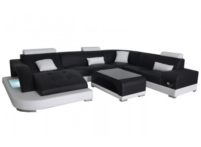 Leder Sofa mit USB Moderne Sitz Couch Polster Design Eck Wohnlandschaft Tisch
