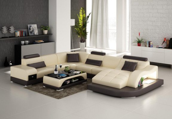 Leder Sofa mit USB Moderne Sitz Couch Polster Design Eck Wohnlandschaft Tisch