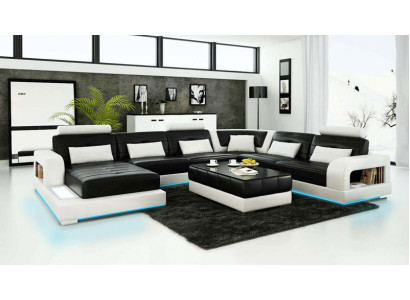 Sofa Ecksofa Design Wohnlandschaft mit Regal Polster Sitz Garnitur Ledersofa USB